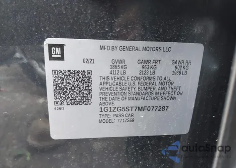 2021 Chevrolet Malibu Fwd Rs из США, поврежденный, VIN 1G1ZG5ST7MF077287